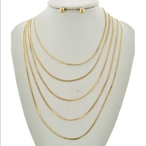 Gold Tone Multi Row Necklace & Earring Set